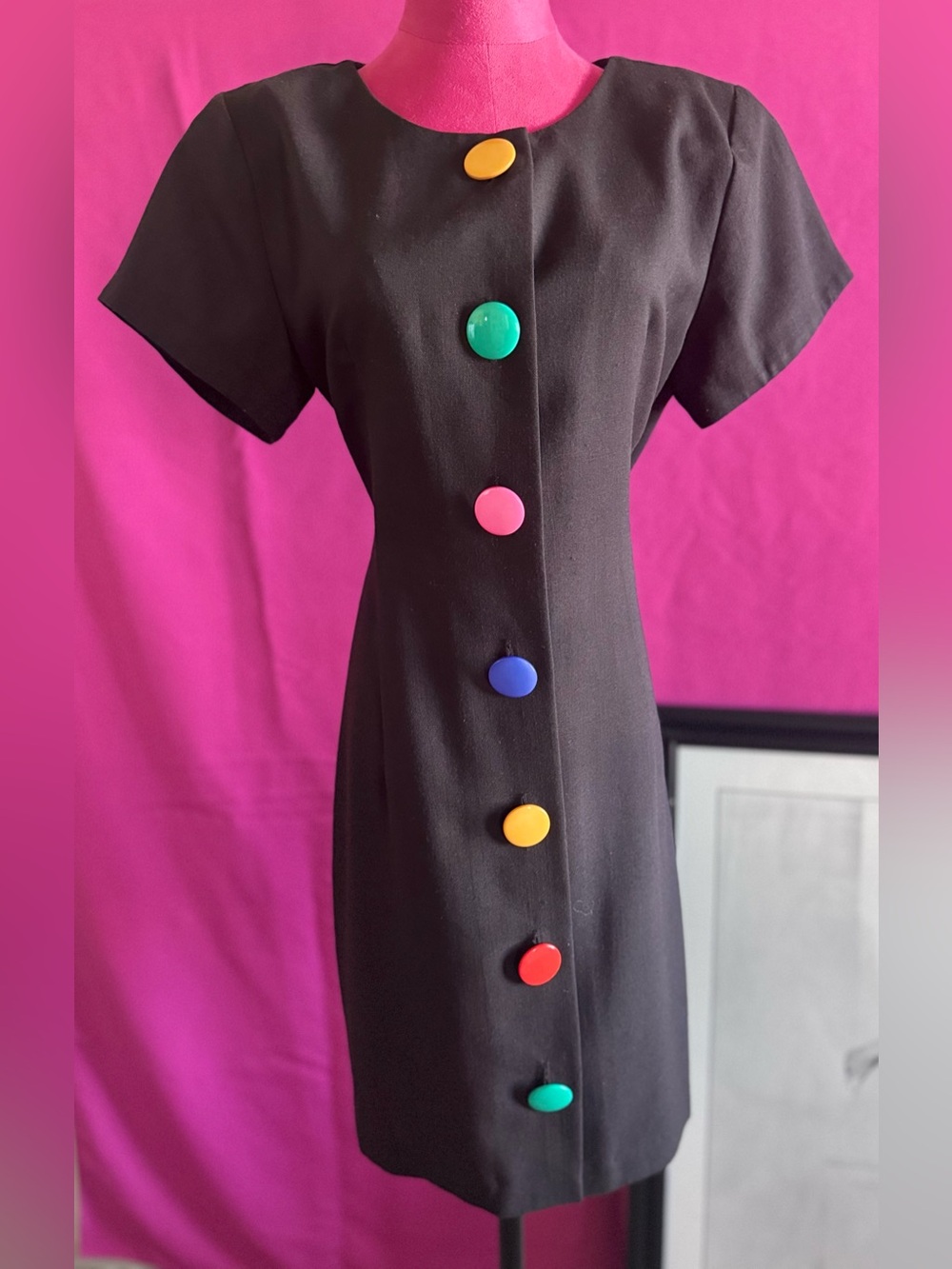 Vintage 80s Dress Black Large Rainbow Buttons